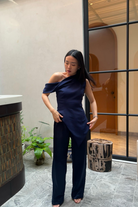 Navy Crimson One Shoulder Top