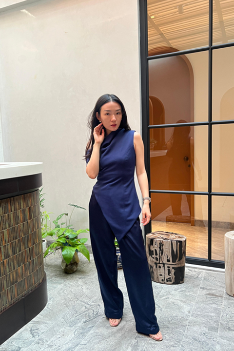 Navy Crimson One Shoulder Top